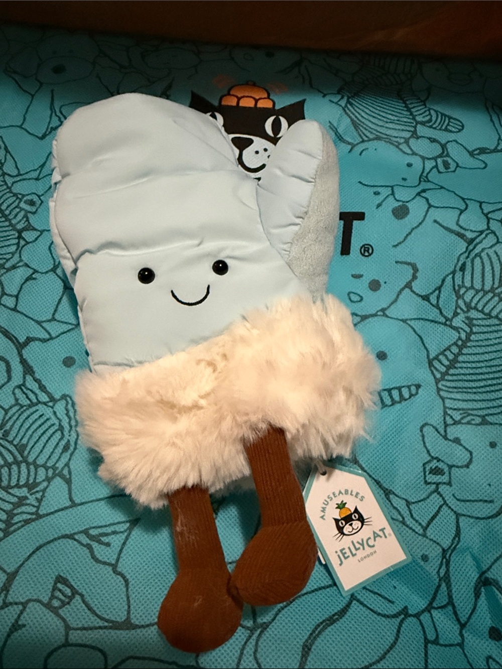 Jellycat Pale Blue Mitten Plush with Cream Cuff and Brown Legs